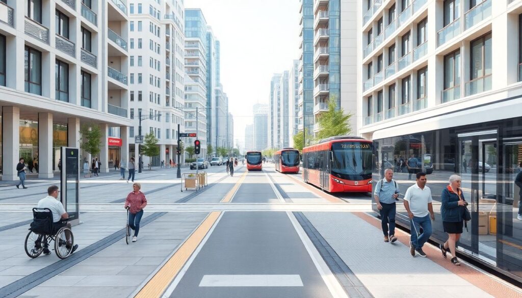 Городской транспорт и пешеходные зоны без барьеров - иллюстрация